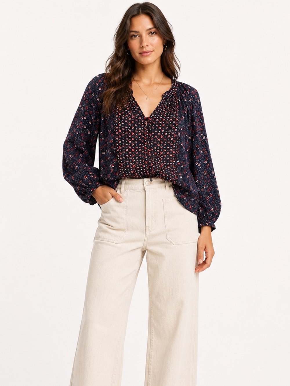 Dalia Collection Navy Blouse with Red & White Floral Print